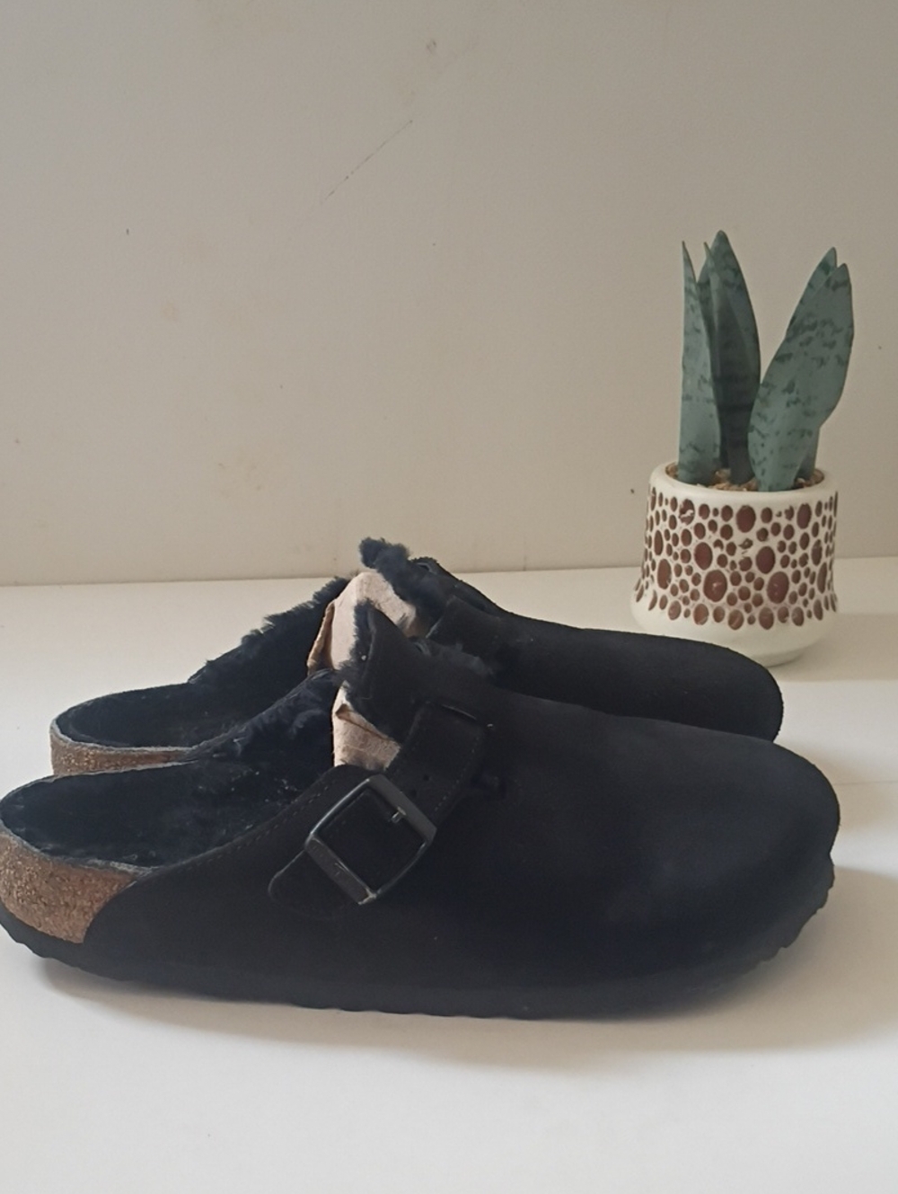 Birkenstock Boston Black Suede Slip-On Clog with Shearling Lining Size 39 W8 M6